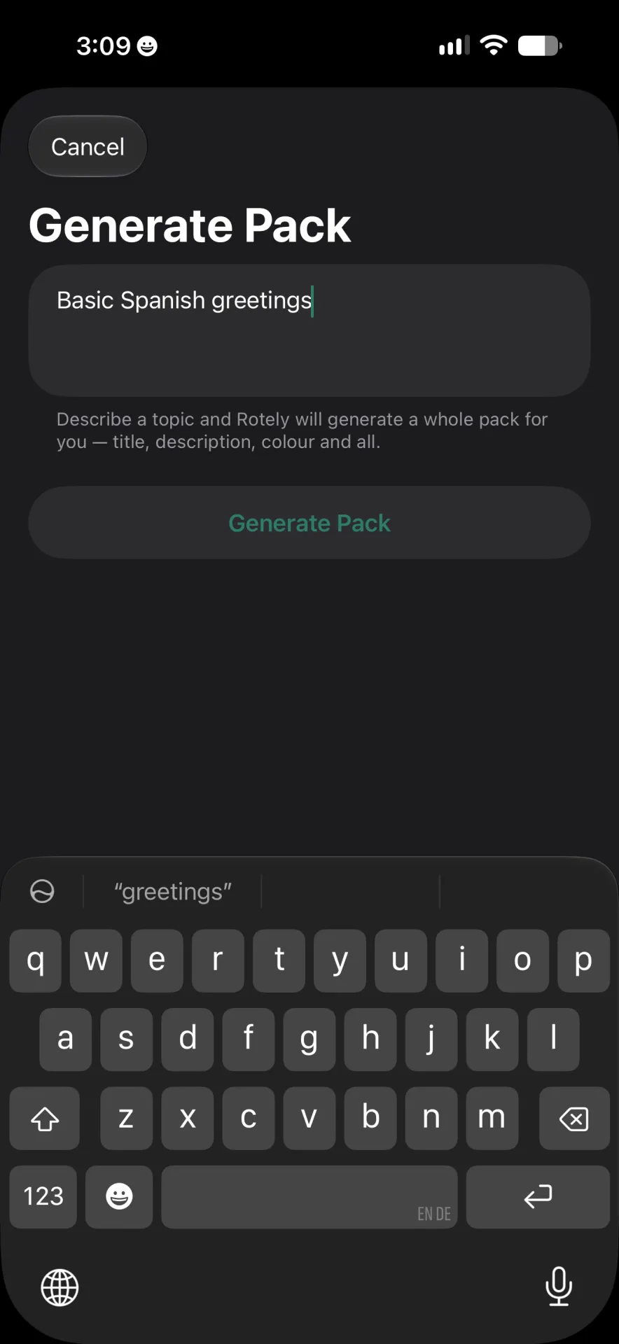 Generate Pack screen with ‘Basic Spanish greetings’ entered as the topic and a Generate Pack button below.