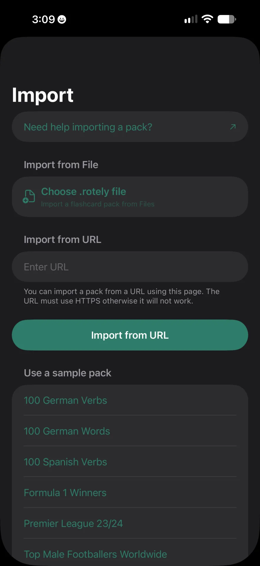 Import screen with options to choose a .rotely file, enter a URL or use a sample pack.