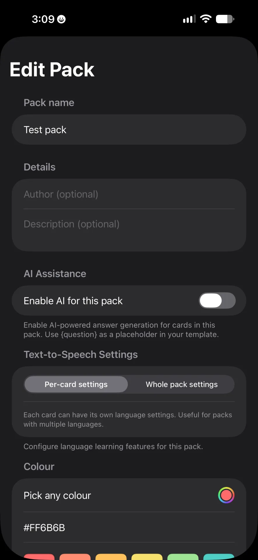 Edit Pack screen with a pack name field, optional details, AI assistance toggle, text-to-speech settings and colour picker.