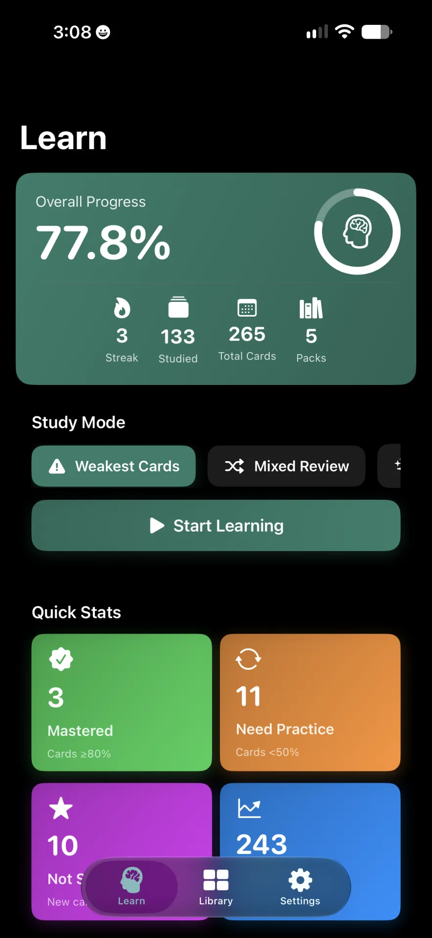 Rotely Learn screen showing 77.8% progress, study mode options, a Start Learning button and Quick Stats cards.