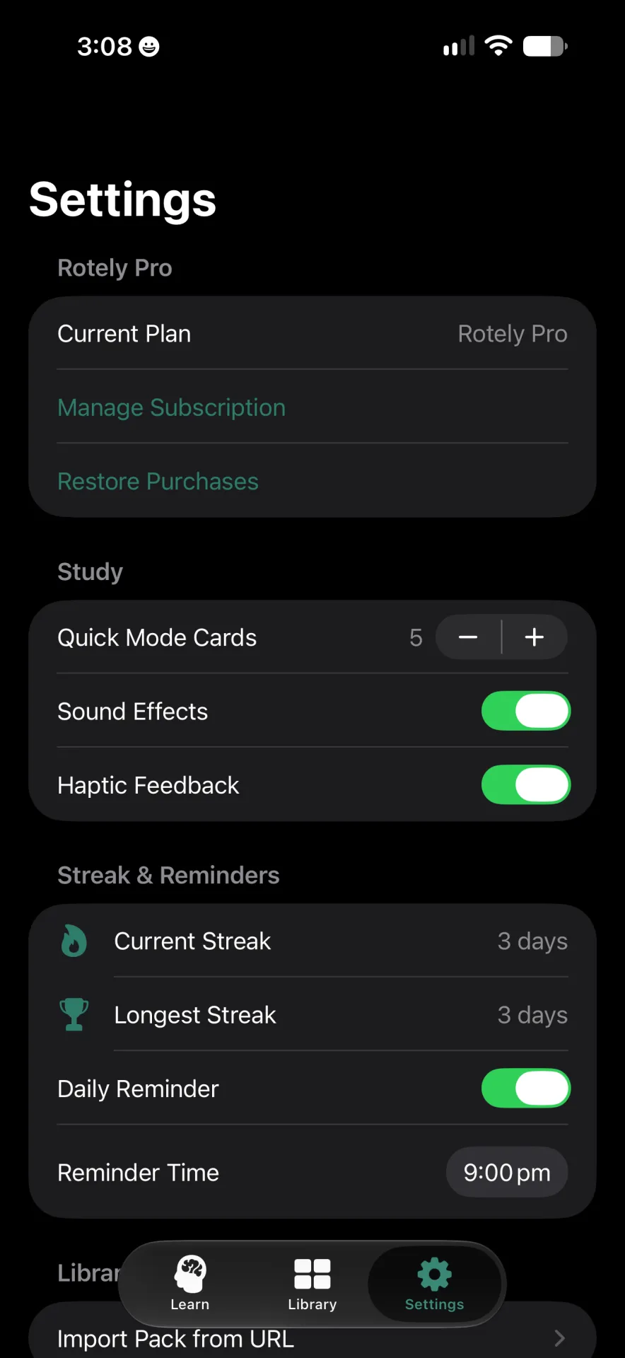 Rotely Settings screen showing subscription, study controls, streaks and daily reminder settings.