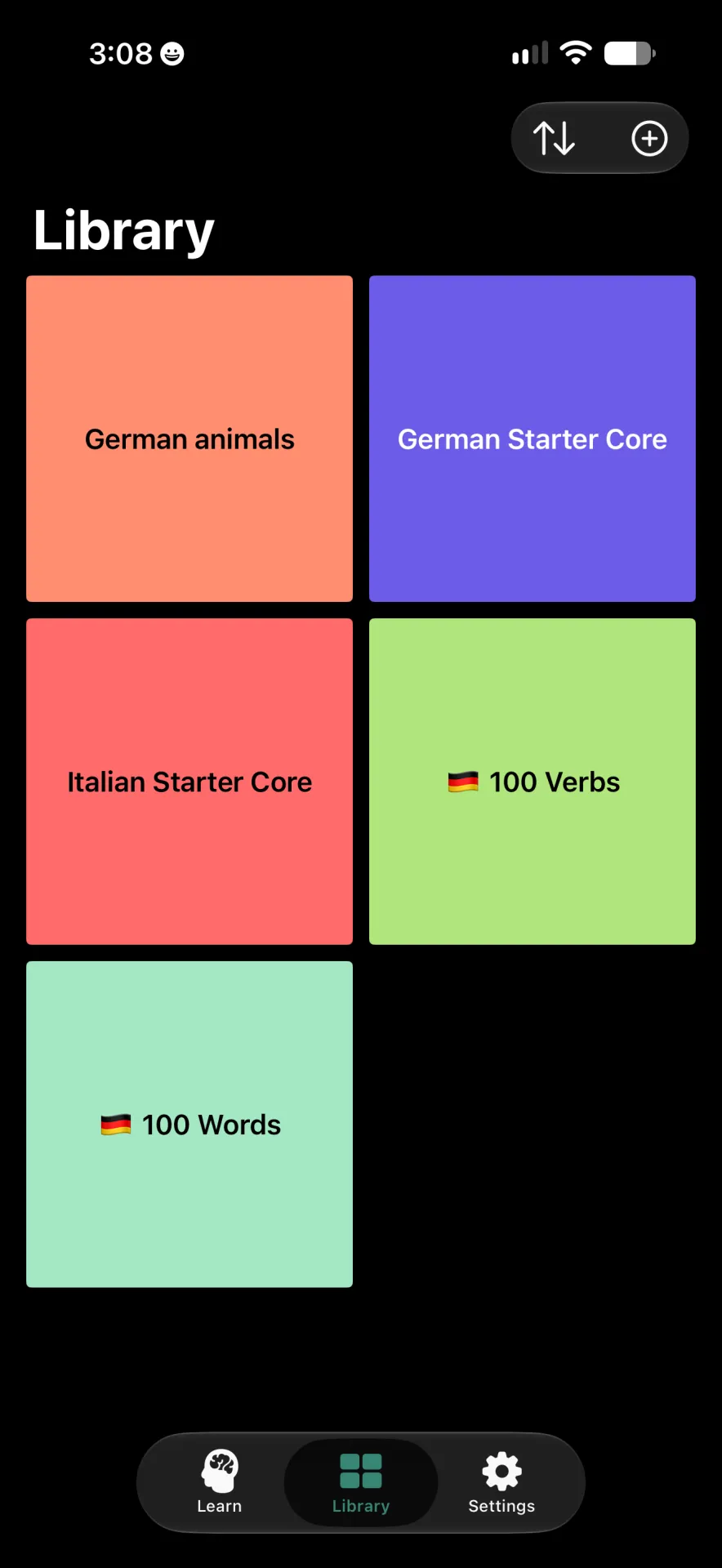 Rotely Library showing five language decks, sort and add buttons at the top, and Library selected in the bottom navigation.
