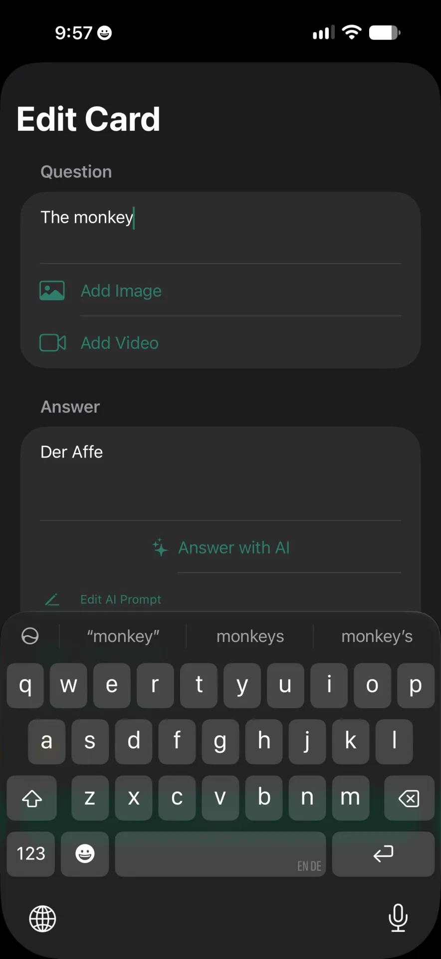 Edit Card screen with ‘The monkey’ in the question field, ‘Der Affe’ in the answer field and the keyboard open.