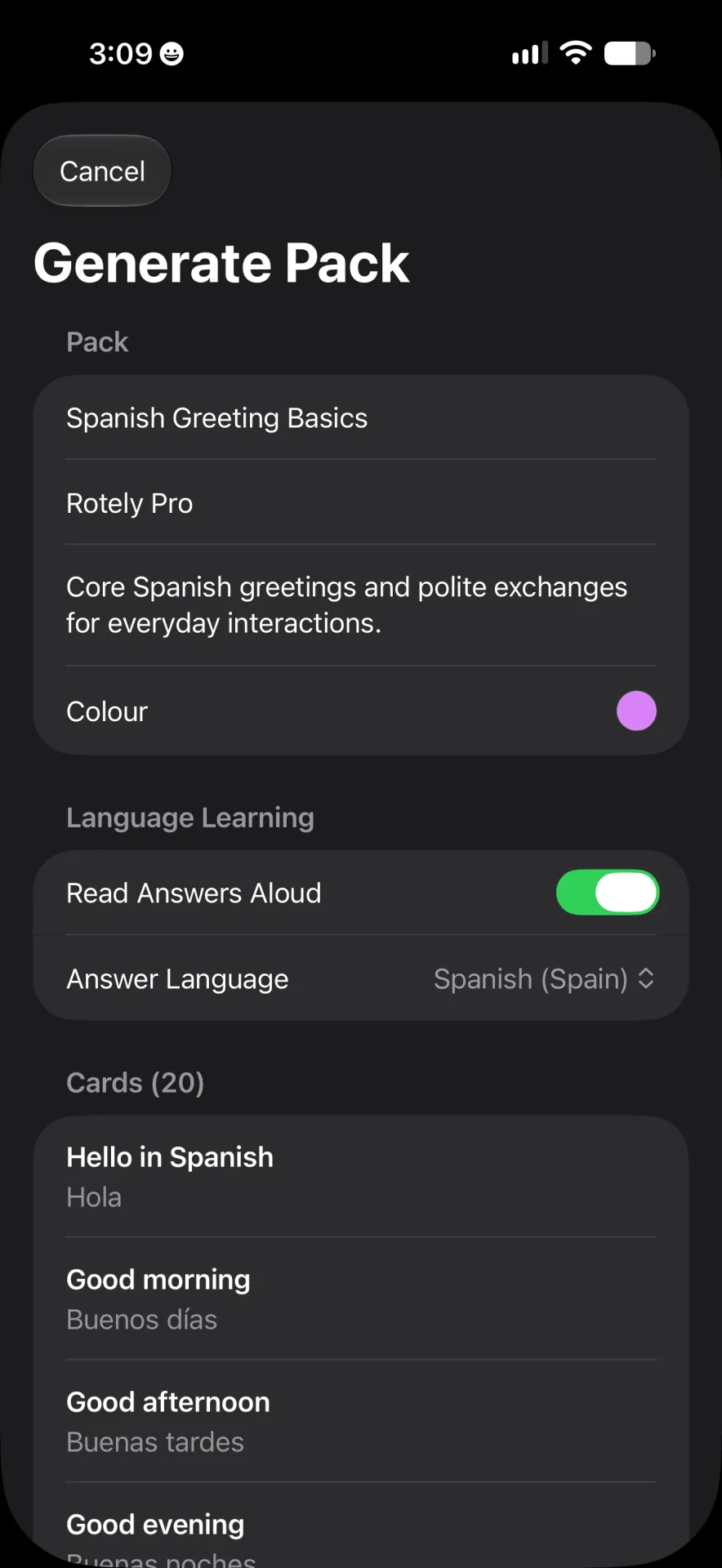 Generate Pack screen with pack details, language-learning settings and a preview of Spanish greeting cards.