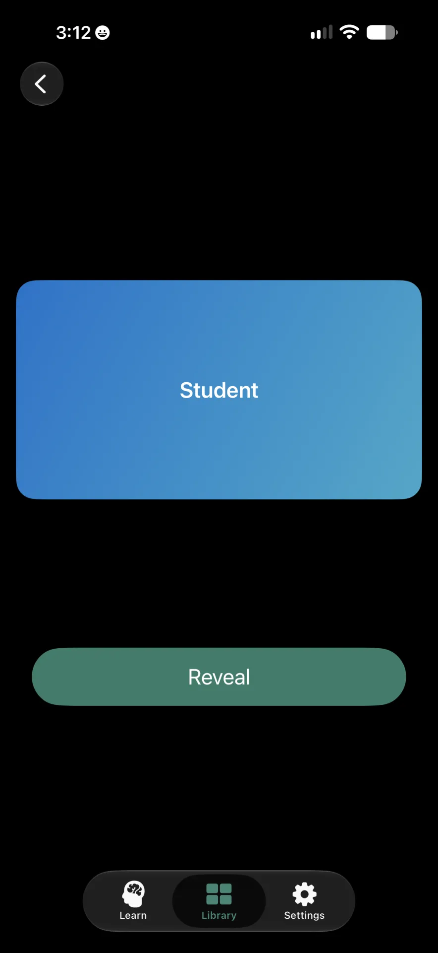 Study screen showing a blue card labelled ‘Student’ with a Reveal button beneath it.