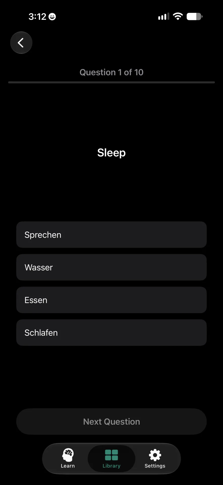 Study question 1 of 10 asks for ‘Sleep’, with four German answer options and a disabled Next Question button.