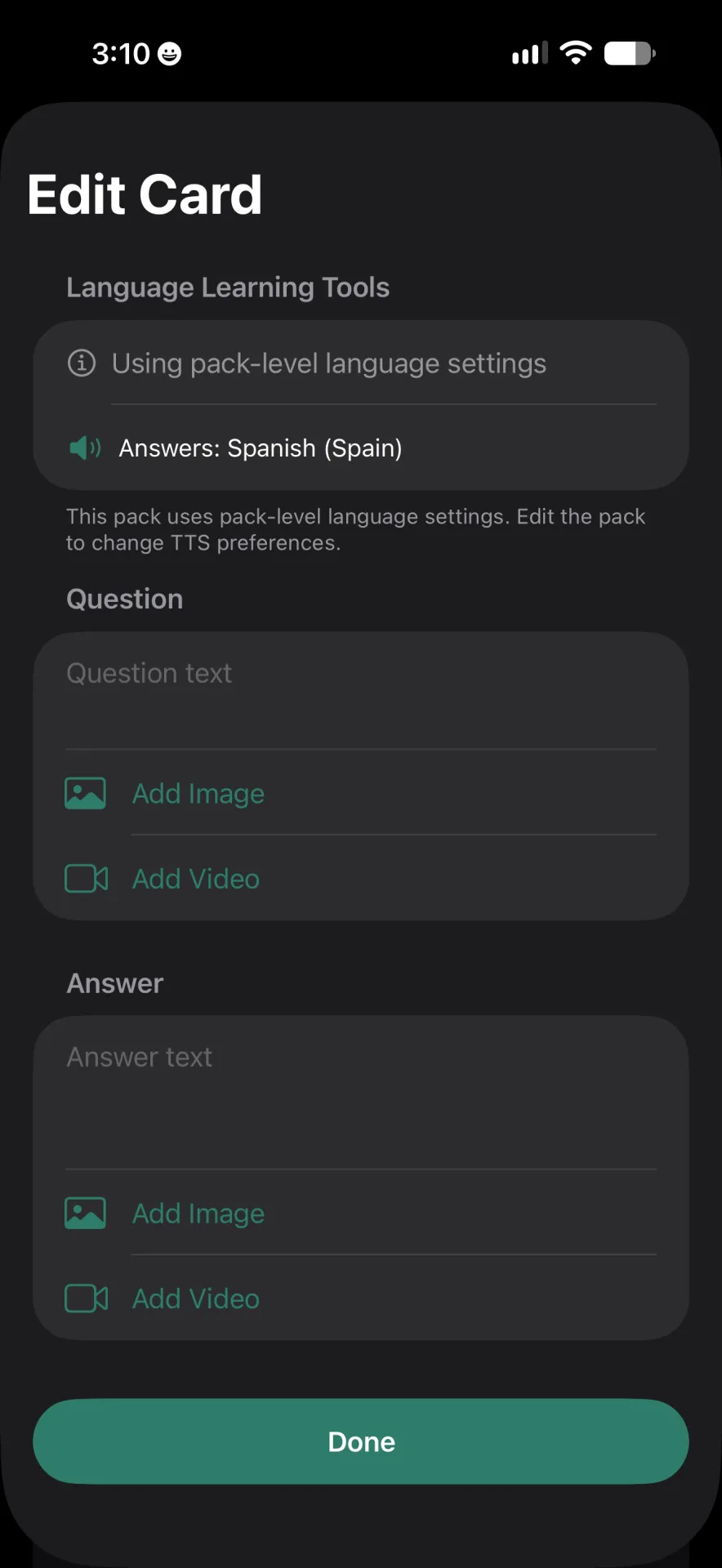 Edit Card screen with pack-level Spanish settings, question and answer fields, media options and a Done button.